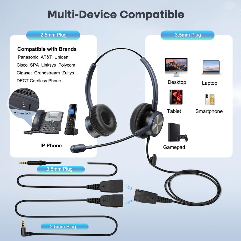 MAIRDI Phone Headset with 2.5mm & 3.5mm Connector for Deskphone Cell Phone PC Laptop, CallCenter Office Headset with Noise Cancelling Microphone - Image 3